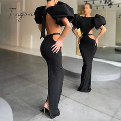 Ingvn - Summer Women's Dress Fashion Cut Out Backless Evening Sexy Night Club Party Black Puff Sleeve Celebrity Long Formal Dress