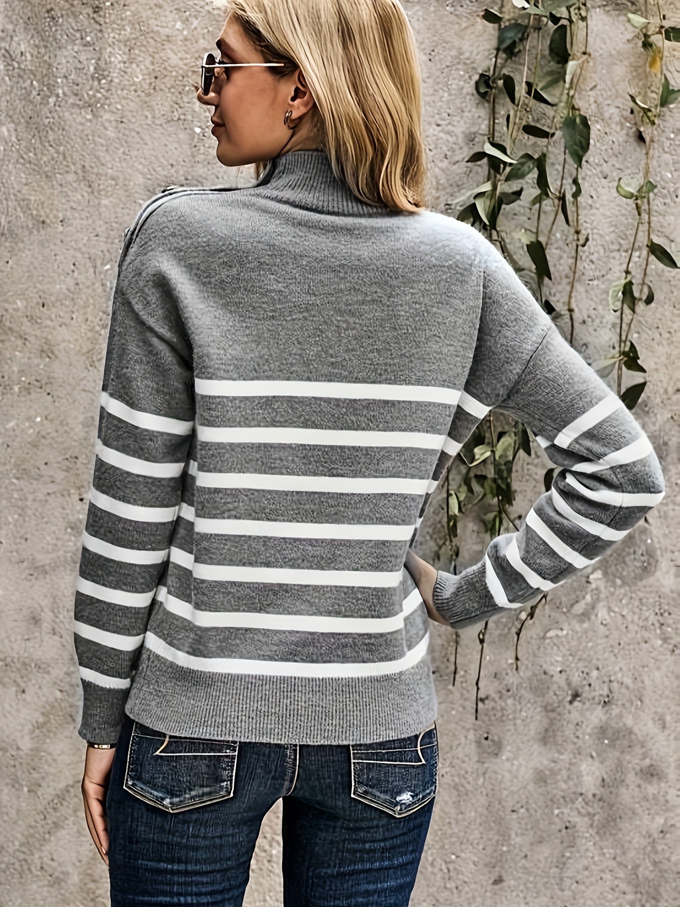 Casual Women's Striped Mock Neck Long Sleeve Pullover Sweater with Fake Button Detail
