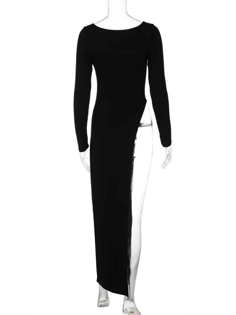Ingvn  Woman Clothing Long Sleeve High Slit Black T-shirt Dress Y2K Streetwear  Fall Ladies High Waist Slim Irregular Long Dresses