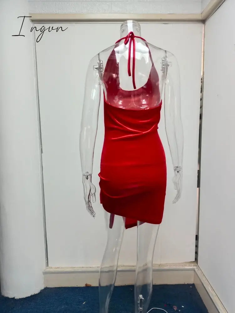 Ingvn - 2023 Summer New Women's Wear Halter Neck Hollow Strappy Slit Sexy Fashion Dress Sexy Backless Irregular Strappy Evening Dress