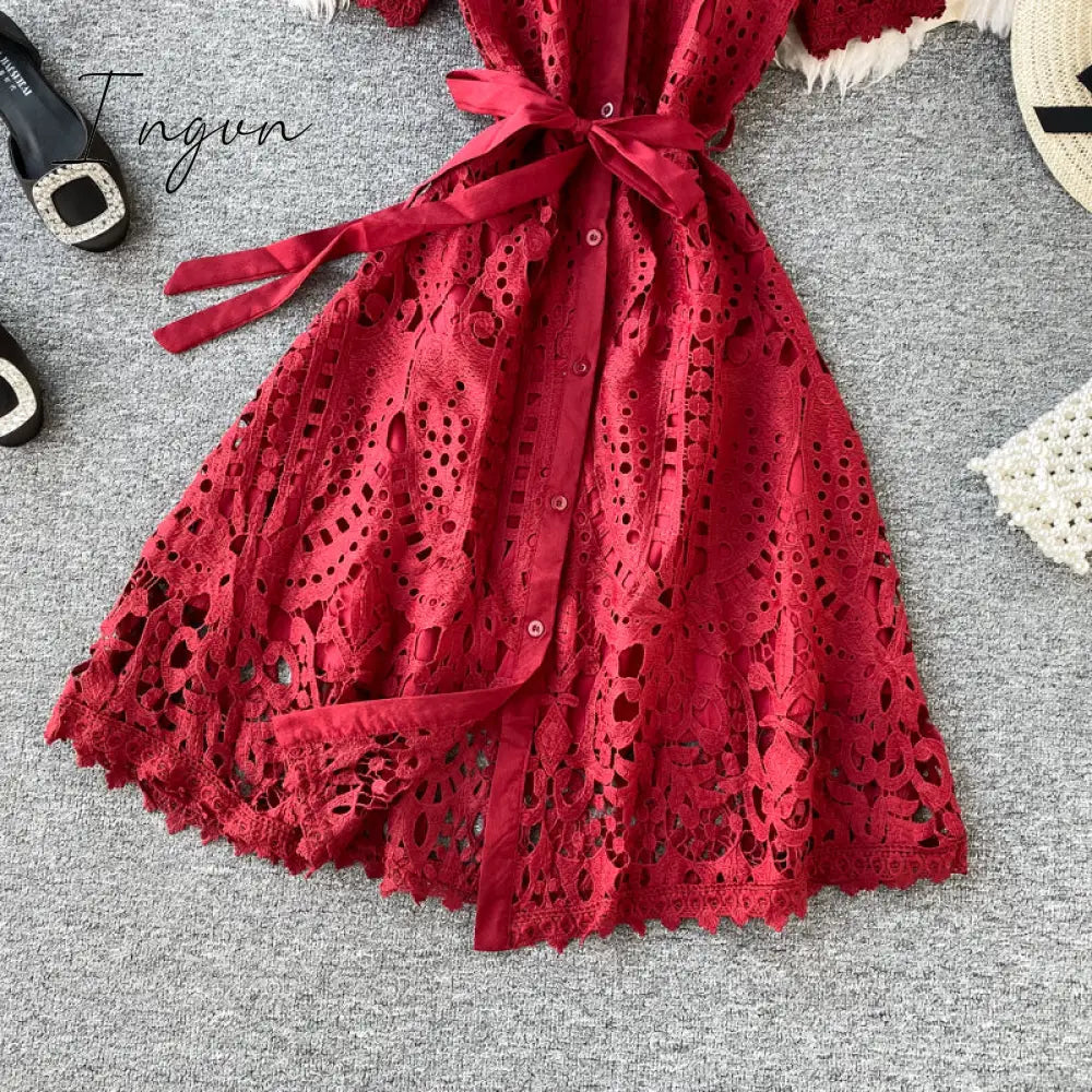 Ingvn - Women Elegant Hollow Out Lace Dress Office Lady Summer Solid O-Neck Button up Sashes Midi Dress Female Chic Short Sleeve Dress