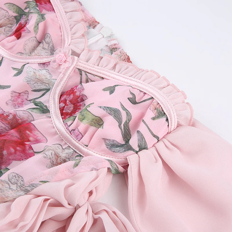 Coquette Floral Chiffon Dress Pink Side Bandage Aesthetic Ruffle Tulle Mini Dresses Boho Sweet Outfit Party Holiday Hot