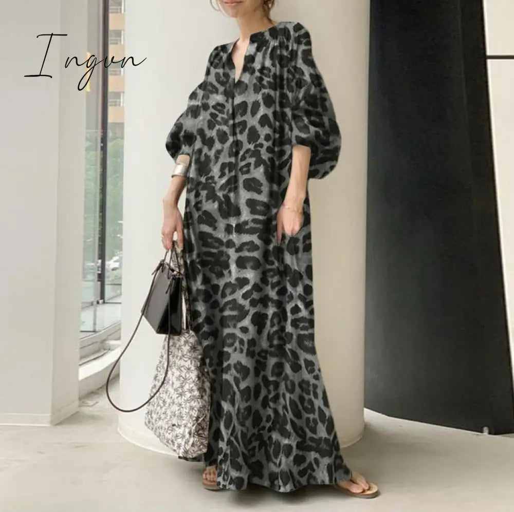Ingvn - Fashion Printed Maxi Dress Women's Leopard Sundress Spring Puff Sleeve Long Vestidos Female V Neck Robe Oversize