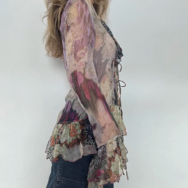 Vintage Transparent Crop Top with Slit 90s Mesh Print Ruffles Patchwork Full Sleeve Bandage Women T-shirt Grunge y2k Tees
