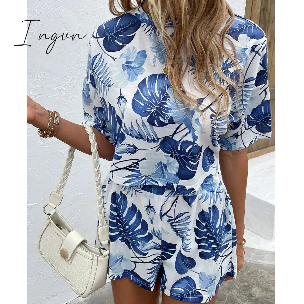 Ingvn - Floral Print Round Neck Dropped Shoulder Top and Shorts Set