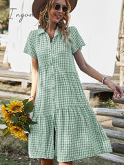 Ingvn - New Ladies Vintage Boho Summer Dress Women Midi Casual Loose Holiday Plaid Beach Shirt Dress Women Sundress Female Robe Vestidos