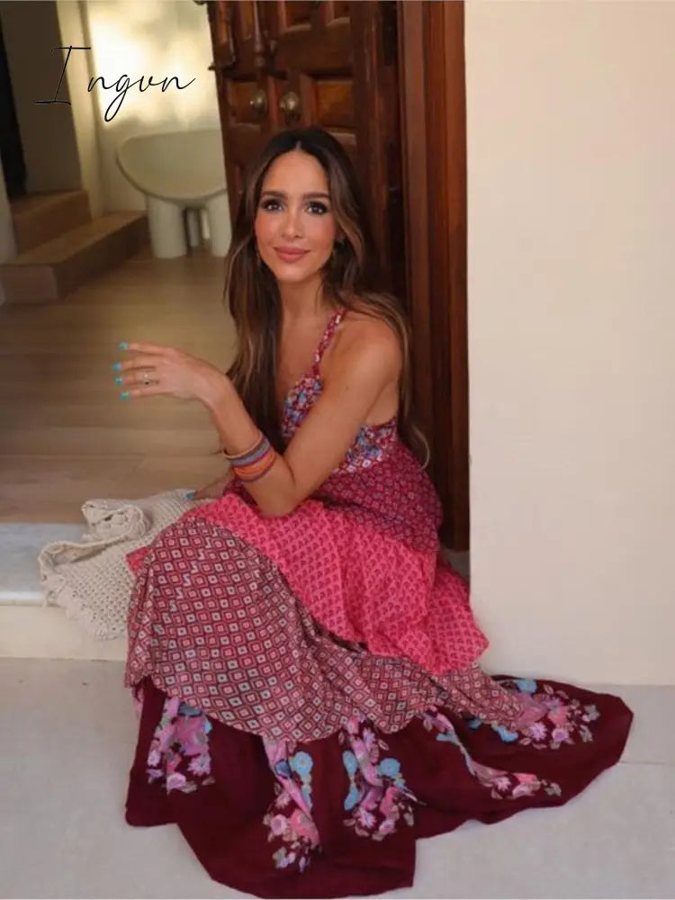 Ingvn - Women Floral Print Ruffles Layer Patchwork Pleated Sling Dress Female Off Shoulder Sleeveless V-Neck Summer Beach Vestido