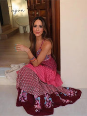 Ingvn - Women Floral Print Ruffles Layer Patchwork Pleated Sling Dress Female Off Shoulder Sleeveless V-Neck Summer Beach Vestido