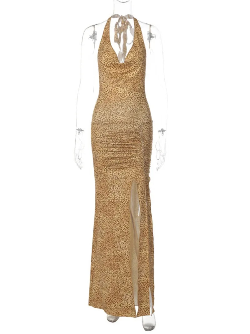 Ingvn  Women's Halter Neck Sleeveless Backless High Slit Beach Dress Female Leopard Printed Lace-up High Waist Slim Long Party Dresses