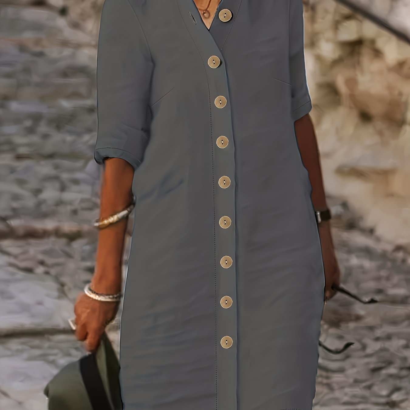 Chic Midi Dress with Button Detail - Womens Half Sleeve Casual Dress - Versatile Day-to-Night Style