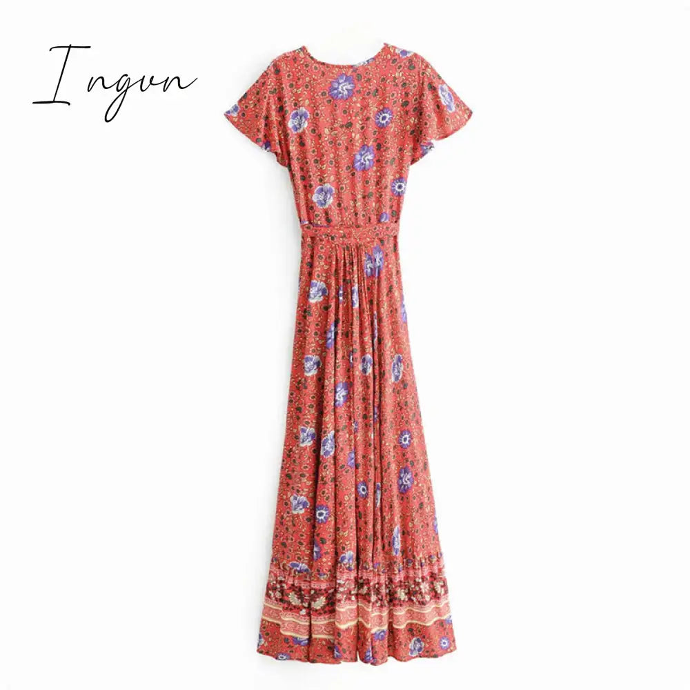 Ingvn - Vintage chic vestidos women Floral print bat sleeve beach long Bohemian maxi dress Ladies sexy V neck  Summer Boho happie  dress