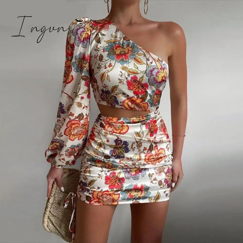 Ingvn - Women Chic One Shoulder Long Puff Sleeves Crop Top Floral Print Party Bodycon Mini Skirt Set