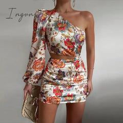 Ingvn - Women Chic One Shoulder Long Puff Sleeves Crop Top Floral Print Party Bodycon Mini Skirt Set