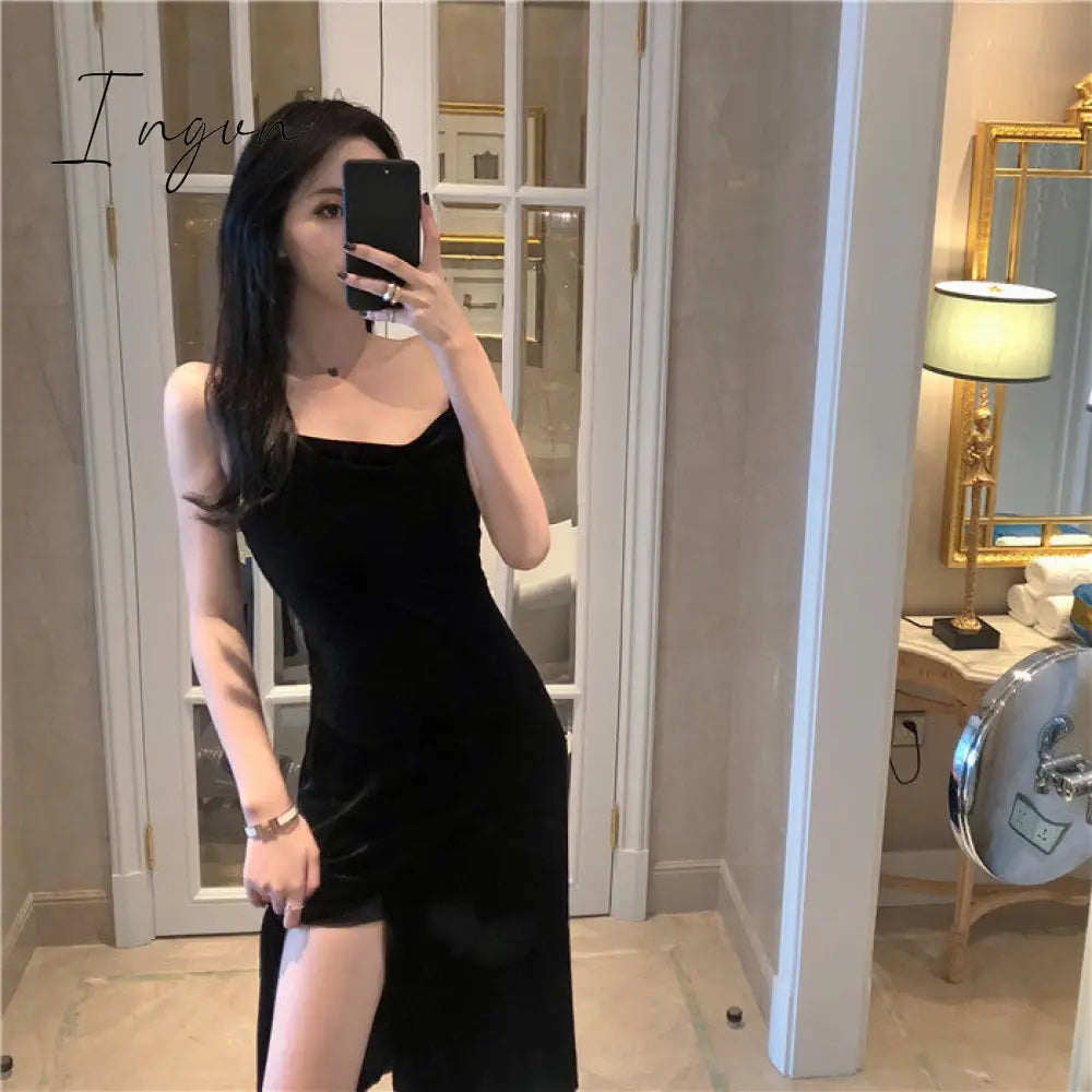 Ingvn - Brand New Women Dress Spaghetti Strap Slit Velvet Black Dress Sexy Bodycon bandage Dress Midi Party Dress Vestidos Verano