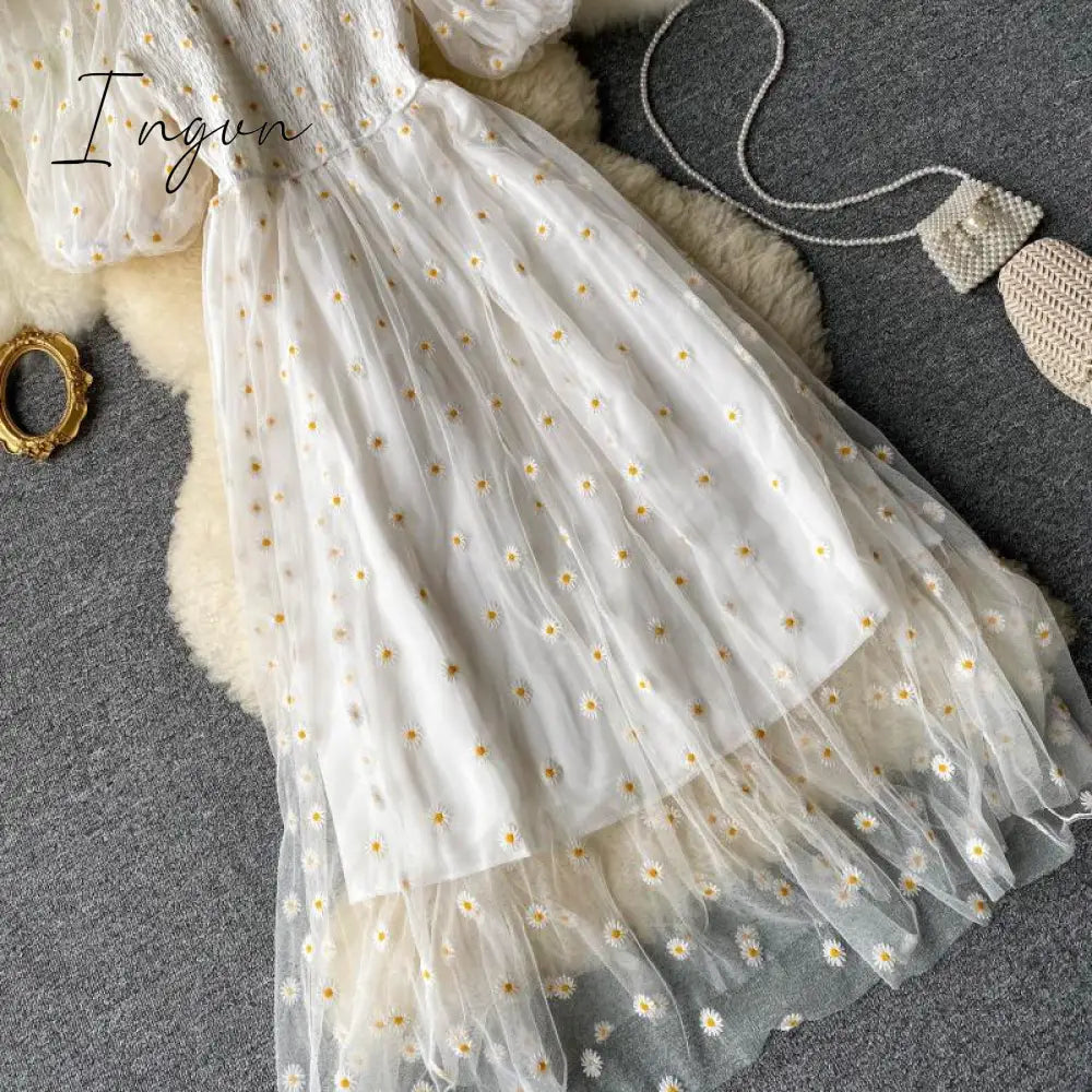 Ingvn - Embroidered Off-Shoulder Dresses Fairy Chic Gentle Dress Female New Style Sweet Daisy Printed Mesh Long Floral Dress Female