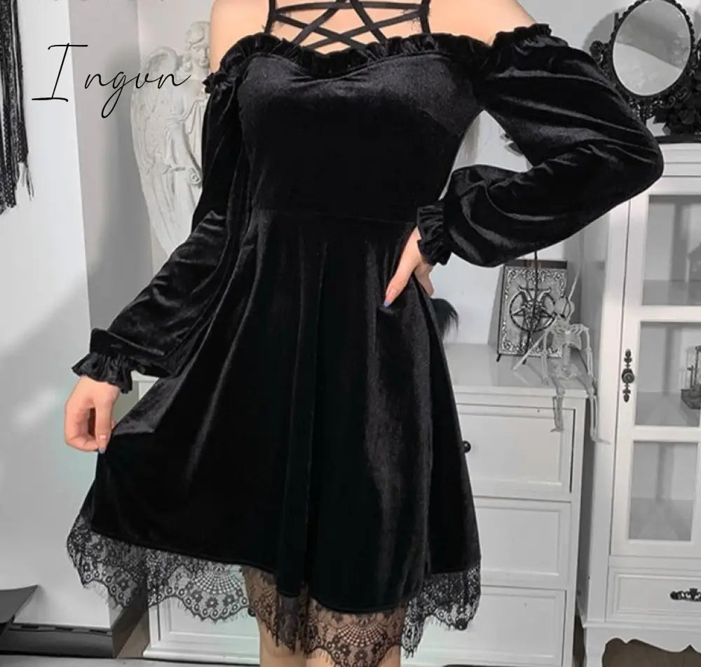 Ingvn - InsGoth Gothic Black Sexy Pentagram Halter Dress Aesthetic Punk High Waist Off Shoulder Bandage Mini Dresses Ladies Party Dress