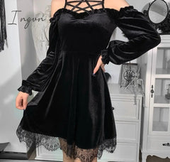 Ingvn - InsGoth Gothic Black Sexy Pentagram Halter Dress Aesthetic Punk High Waist Off Shoulder Bandage Mini Dresses Ladies Party Dress