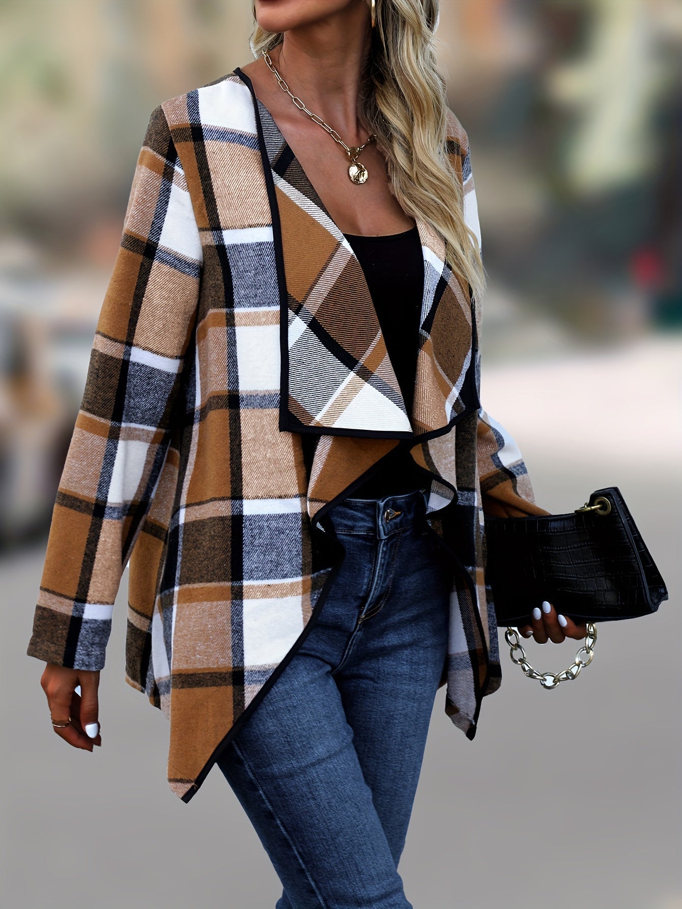 Plaid Print Open Front Coat, Elegant Long Sleeve Outwear For Spring & Fall, Women's Clothing