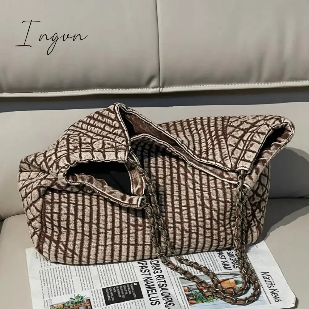Ingvn - Large Capacity Tote Bags For Women Luxury Designer Handbags And Purses 2024 New In Denim Cloth Embroidery Rhombus Chain Shoulder