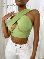 Ingvn - Women's Criss Cross Tank Tops Sexy Sleeveless Solid Color Cutout Front Crop Tops Party Club Streetwear Summer Lady Bustier Tops