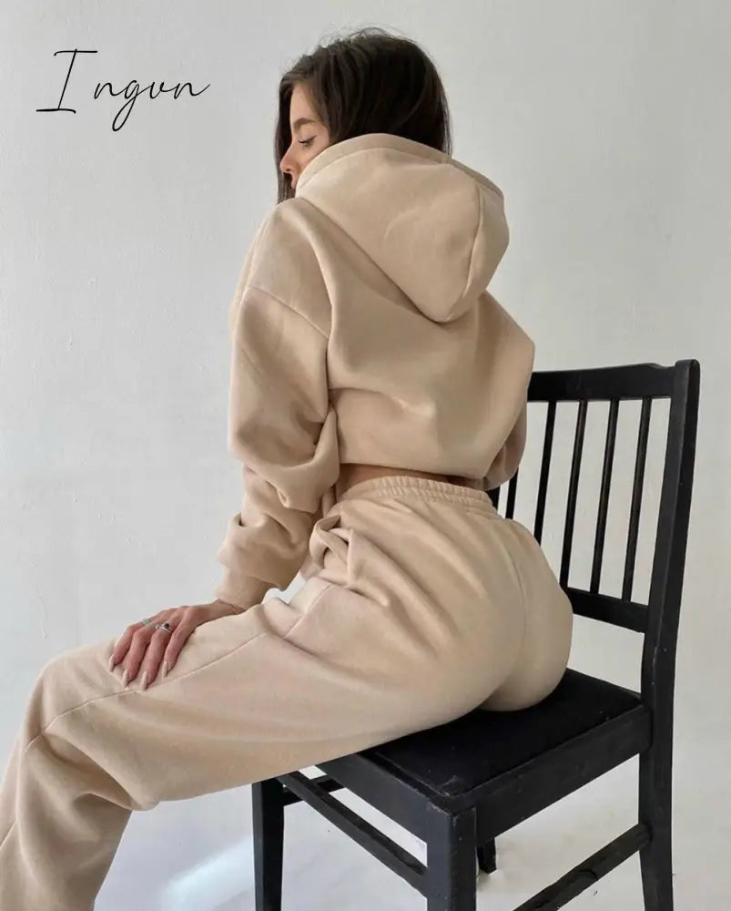 Ingvn - 2 Piece Set Women Spring Autumn Tracksuit Solid Hooded Sweatshirt Top And Wide Leg Pants Suits Loose Casual Fashion Sportswear