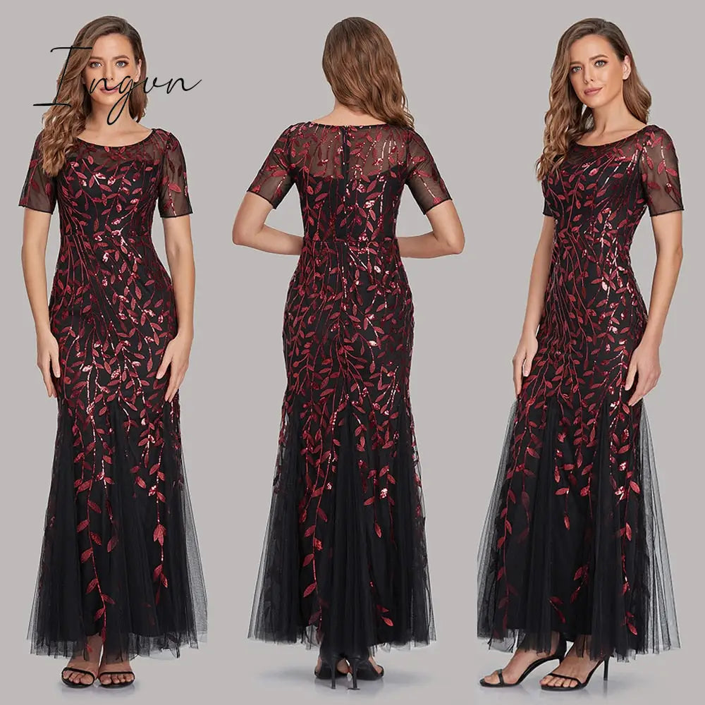 Ingvn - Plus Size Evening Dresses Mermaid O Neck Short Sleeve Lace Appliques Tulle Long Party Gown Robe Soiree Sexy Formal Dress vestido