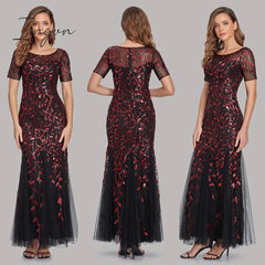 Ingvn - Plus Size Evening Dresses Mermaid O Neck Short Sleeve Lace Appliques Tulle Long Party Gown Robe Soiree Sexy Formal Dress vestido