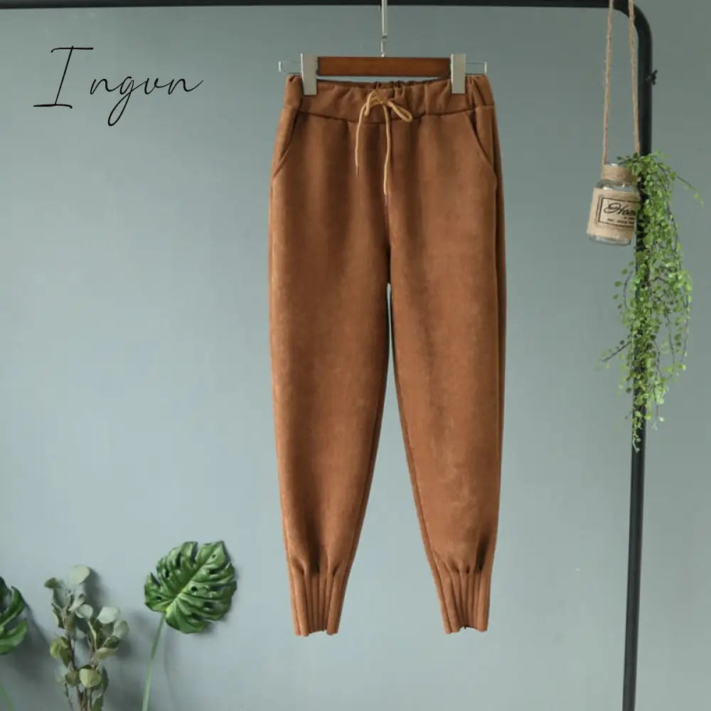 Ingvn - Casual Autumn Winter Women Pants Korean Elastic High Waist Pockets Suede Harem Pants Trousers Women Pantalon Femme