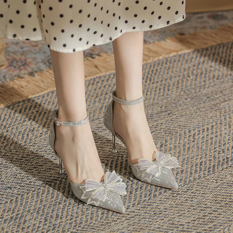 Ingvn  Elegant Silver High Heels Pumps Women Autumn Plus Size 42 Ankle Straps Party Shoes Woman Pointed Toe Bowtie Wedding Shoes