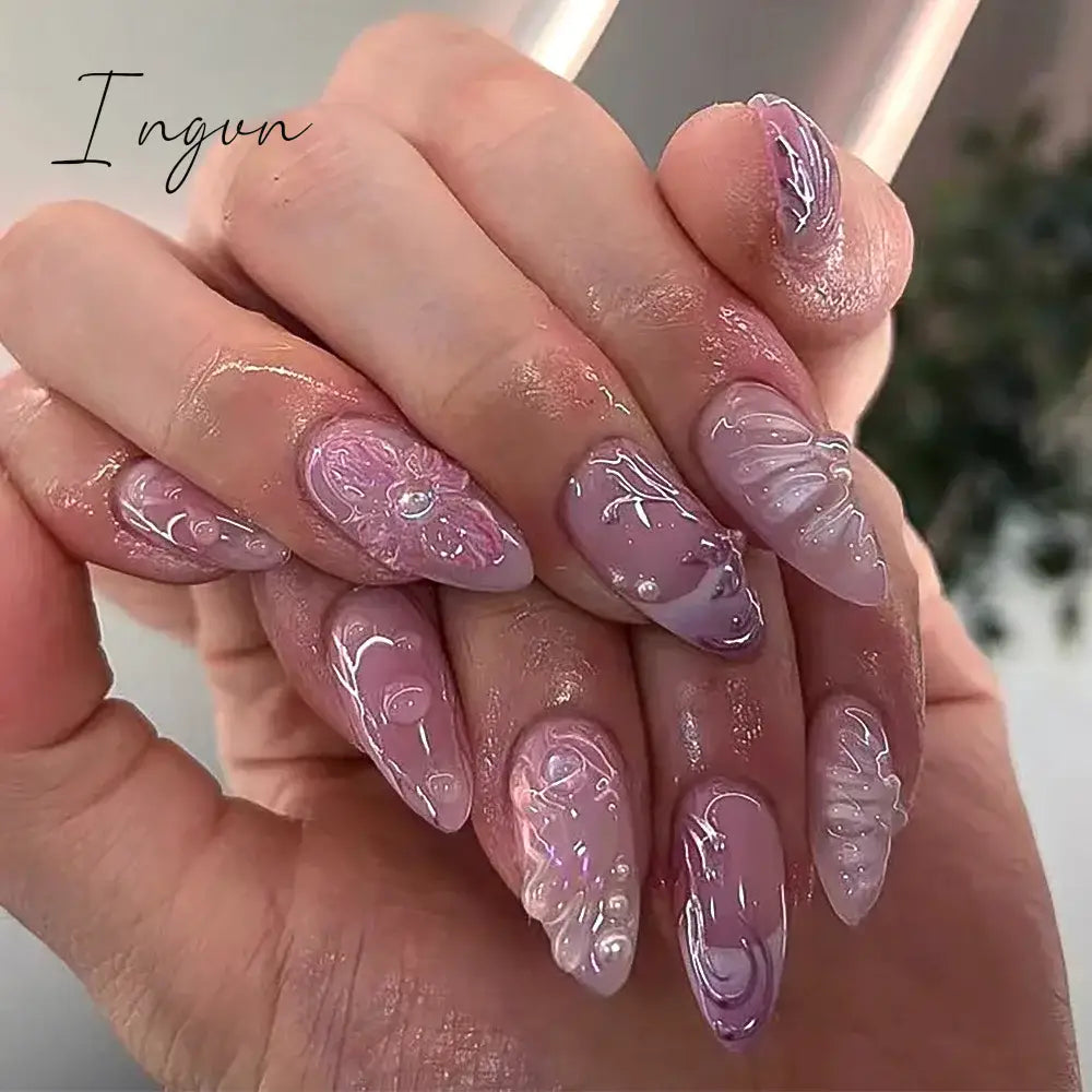 24pcs 3D Flower Fake Nail Patch French Almond Summer Sea Shell Decor False Nail Full Cover Wearable Press on Nails Tips for Girl