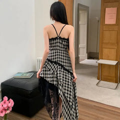 Black And White Plaid Women's Dress Lace Splicing Irregular Hem Slimming Strap Long Dress Design Sense Niche Sleeveless