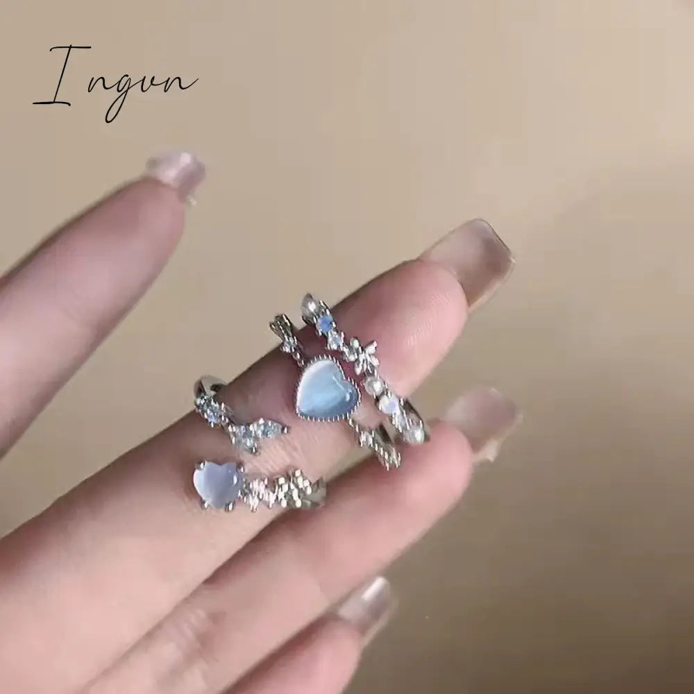 3pcs New Arrived Romantic Cute Blue Heart Ring for Women Exquisite Jewelry Set Ring Micro Flower Zircon Party Dating Accessories