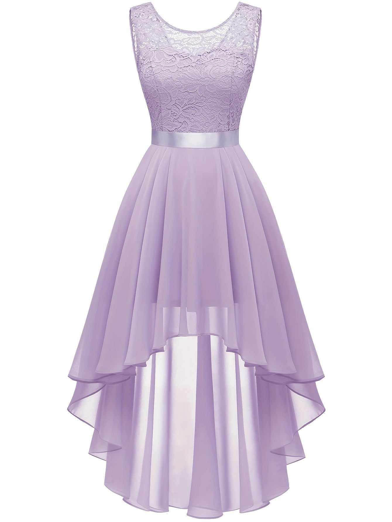 Contrast Lace Asymmetric Hem Wedding Dress, Elegant Solid Bow Waist Tank Dress For Party & Banquet, Homecoming Dress, Women's Clothing