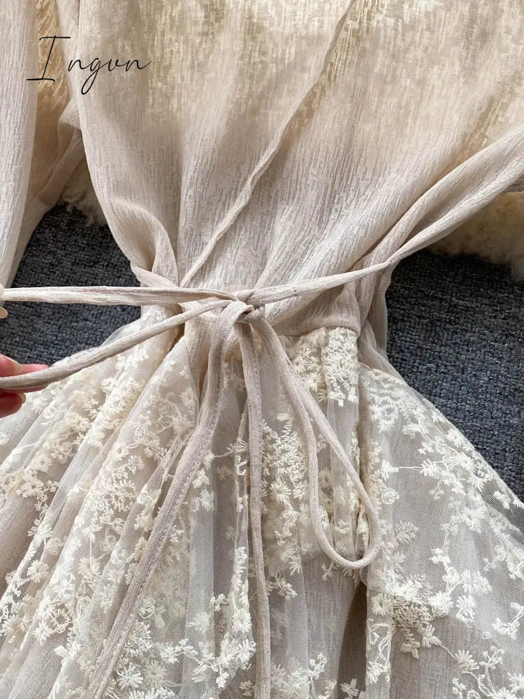 Ingvn - 2023 New Autumn Summer O-neck Lace Up Waist Closing Irregular Vestidos Women Temperament Elegan Party Dress Tide