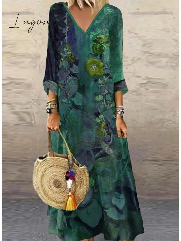 Ingvn - Women's Casual Dress Ethnic Dress Long Dress Maxi Dress Green 3/4 Length Sleeve Floral Print Summer Spring Fall V Neck Classic Vacation 2023 S M L XL XXL 3XL 4XL