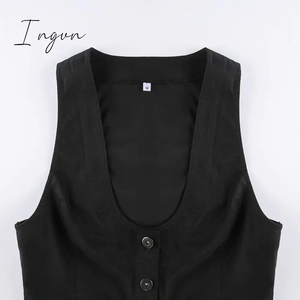 Ingvn - y2k Button Corset Top Black Sleeveless Tank Tops Skinny V Neck Aesthetic Punk Crop Top Grunge Fairycore Women Vests