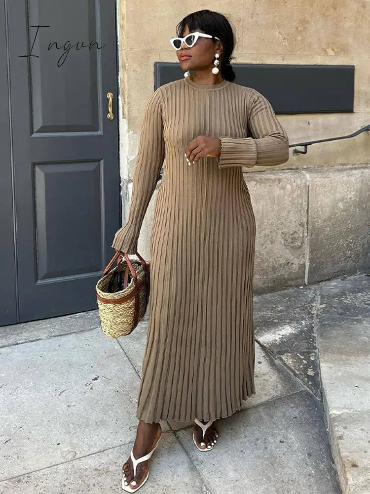 Ingvn - Solid Color Round Neck Long Sleeved Knitted Dress Women Pleated Slim White Long Robes 2023 Summer Lady Office Streetwear Vestido