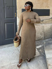 Ingvn - Solid Color Round Neck Long Sleeved Knitted Dress Women Pleated Slim White Long Robes 2023 Summer Lady Office Streetwear Vestido