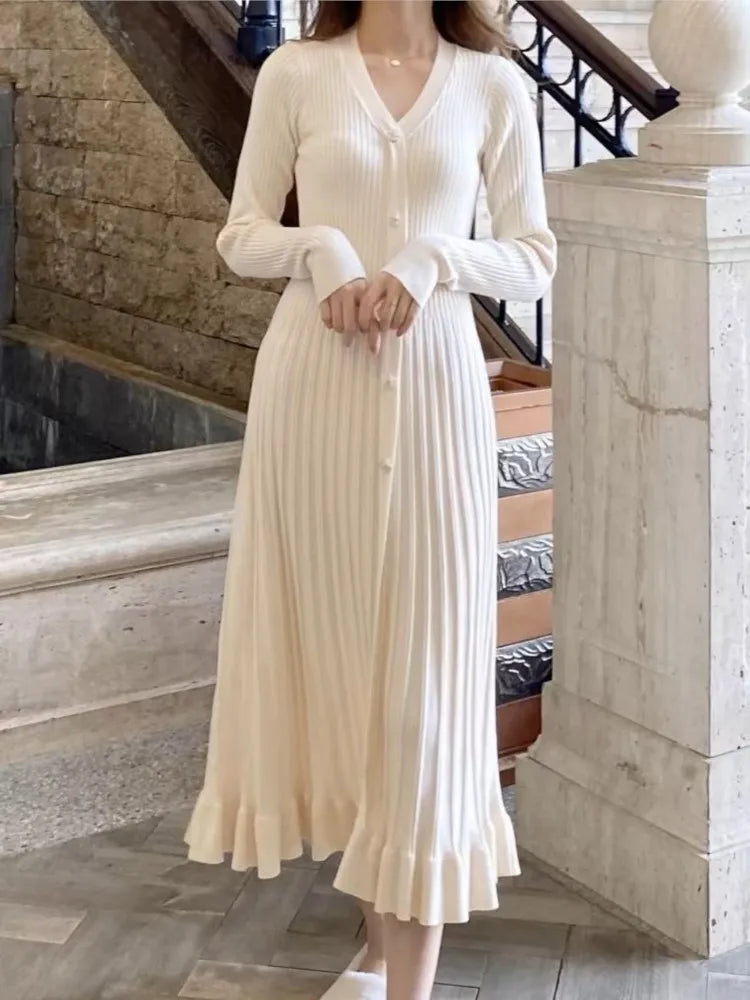 Solid Knitted Dresses for Women Autumn Long Sleeves V-neck Single Breasted Pleated Ruffles Casual Korean Fashion Female Clothing