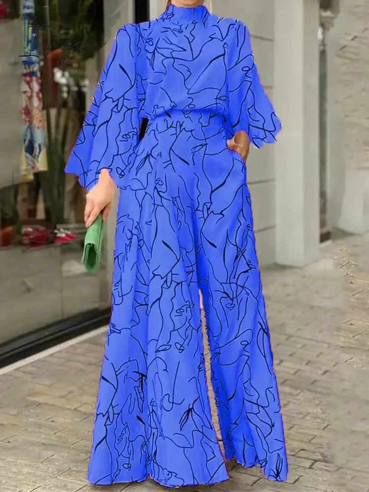 Ingvn - Summer European and American Women's Dress Elegant Waist Tie up Long Sleeve Hanging Neck Pants Print Jumpsuits