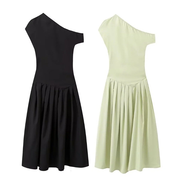 women's explosion round neck slanted shoulder short sleeve big dress