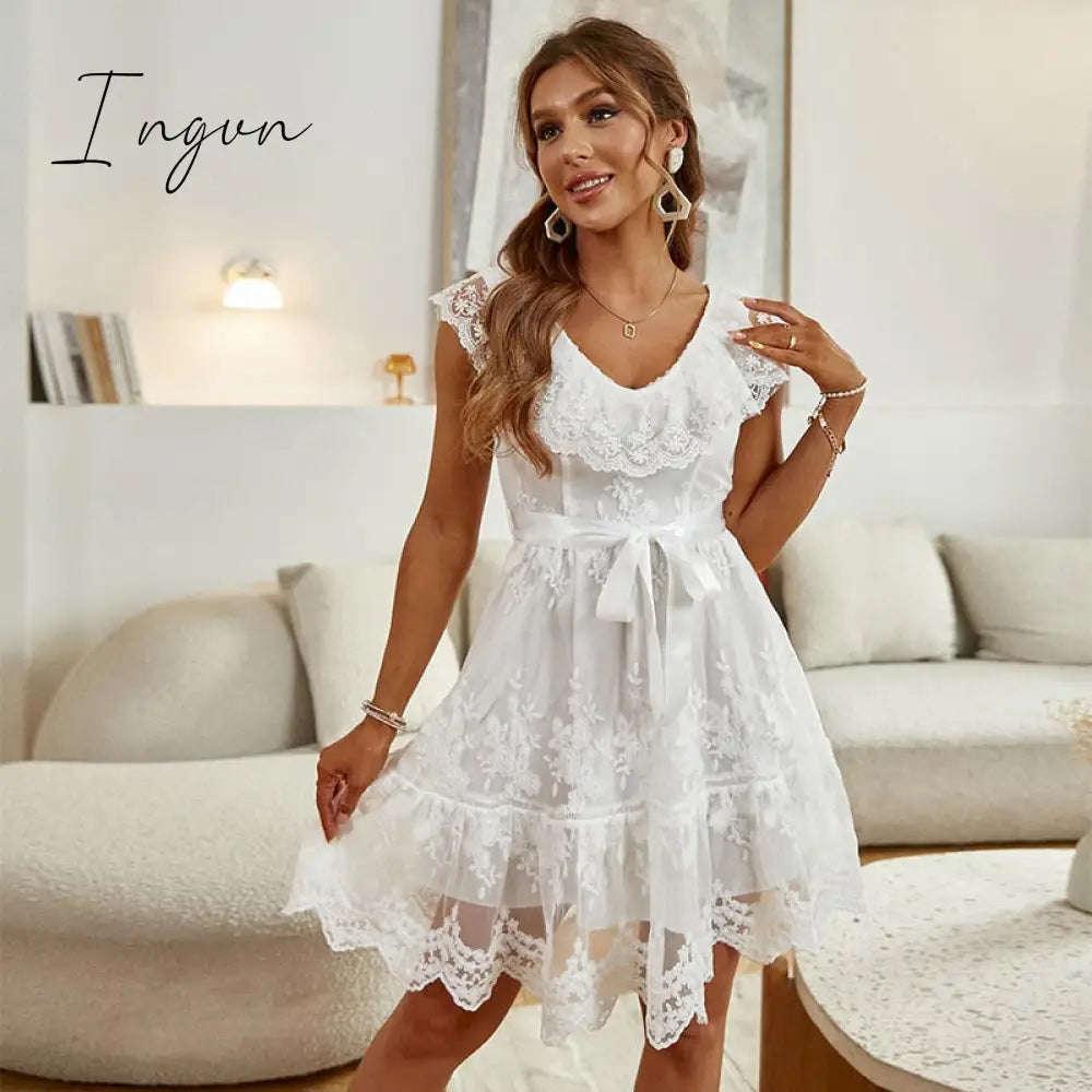 Ingvn - Fashion Trends V-neck mesh polka dot summer tulle party dress women Backless pink ruffle sleeveless dresses Elegant sash maxi vestido