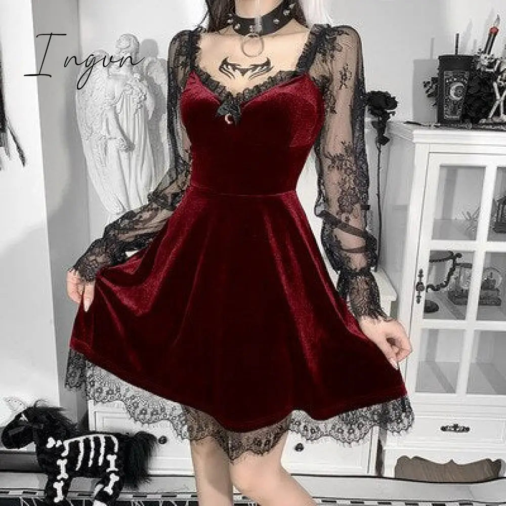 Ingvn - Halloween Gothic Lolita Dress,Lace Mini long sleeves Black Lace Draped Bodycon Goth Vintage Birthday for Women