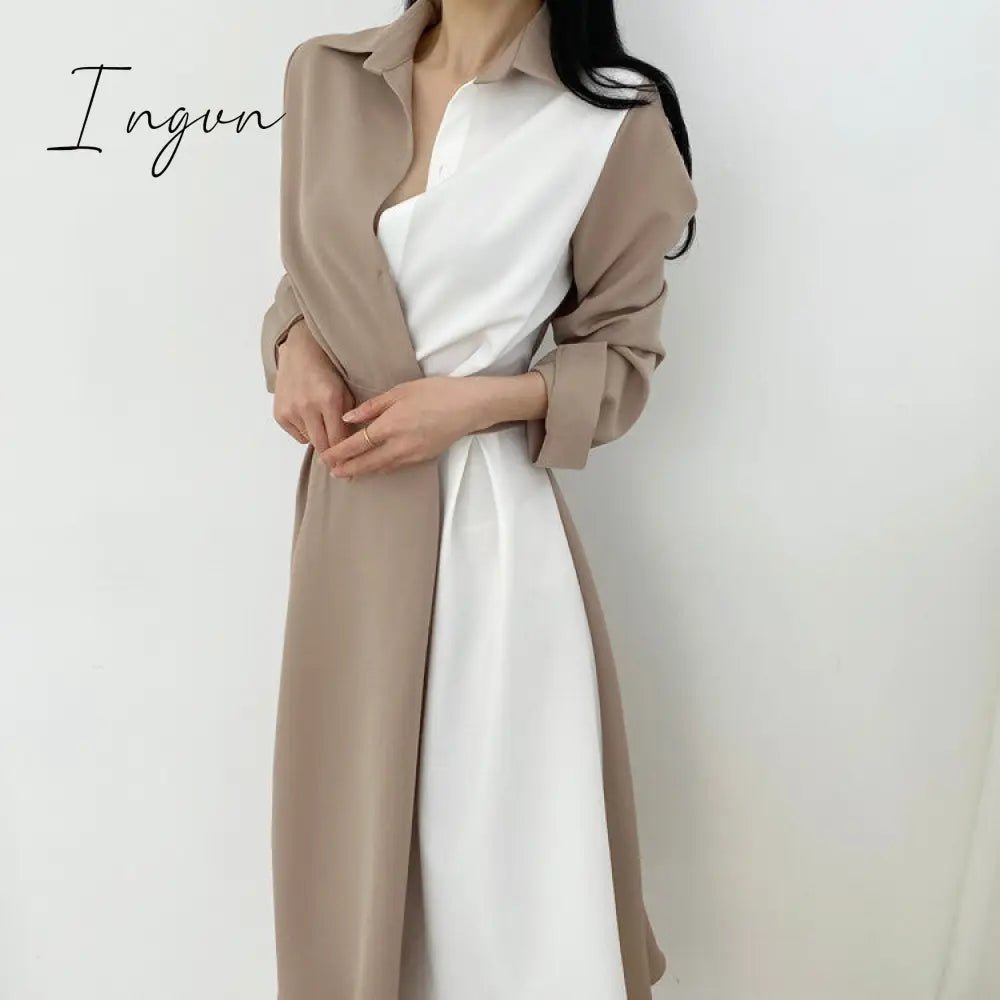 Ingvn - Spring Autumn Retro Temperament Contrast Color Lapel Long-Sleeved Shirt Female Midi Dress Korean Elegant Fashion Slim Chic Dress