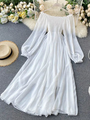 Ingvn - Womens Fashion New Spring Autumn Women Elegant Holiday Dresses Puff Sleeve Slash Neck Off Shoulder Smocked White Chiffon Dresses