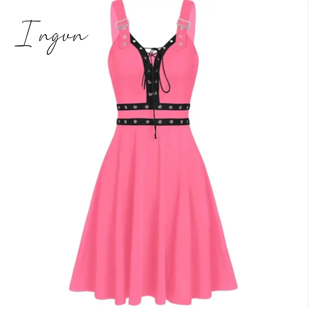 Ingvn - Women Mini Dresses Gothic Black Sexy Deep V Neck 2023 Fall Punk Sleeveless Rivet Fashion Tunic Hip Hop Bandage Female Dress