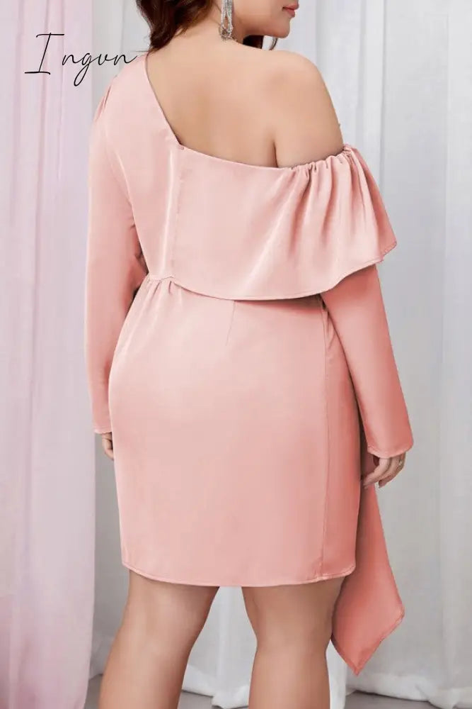 Ingvn - Pink Casual Solid Patchwork Asymmetrical Oblique Collar Long Sleeve Plus Size Dresses