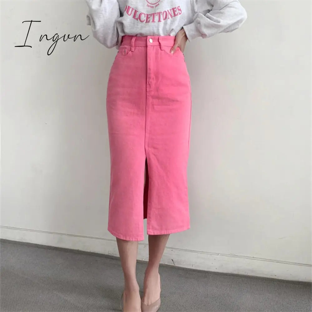 Ingvn - Split Jeans Skirt for Women 2023 New High Waisted Slim Korean Fashion Chic Pencil Skirt Vintage Casual Prink Midi Skirt