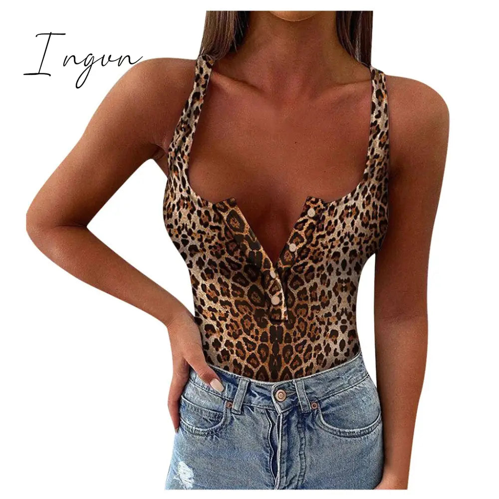 Ingvn - Women Fashion Sleeveless V Neck Leopard Printed Button Playsuits Skinny Slim One-Piece Bodysuits Sexy Female Jumpsuit Rompers