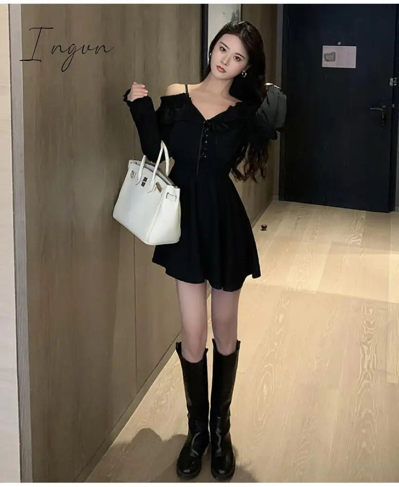 Ingvn - Gothic Black Dress Women Casual Button Lace Evening Party Sexy Mini Dress Female Long Sleeve One-piece Dress Korean Autumn
